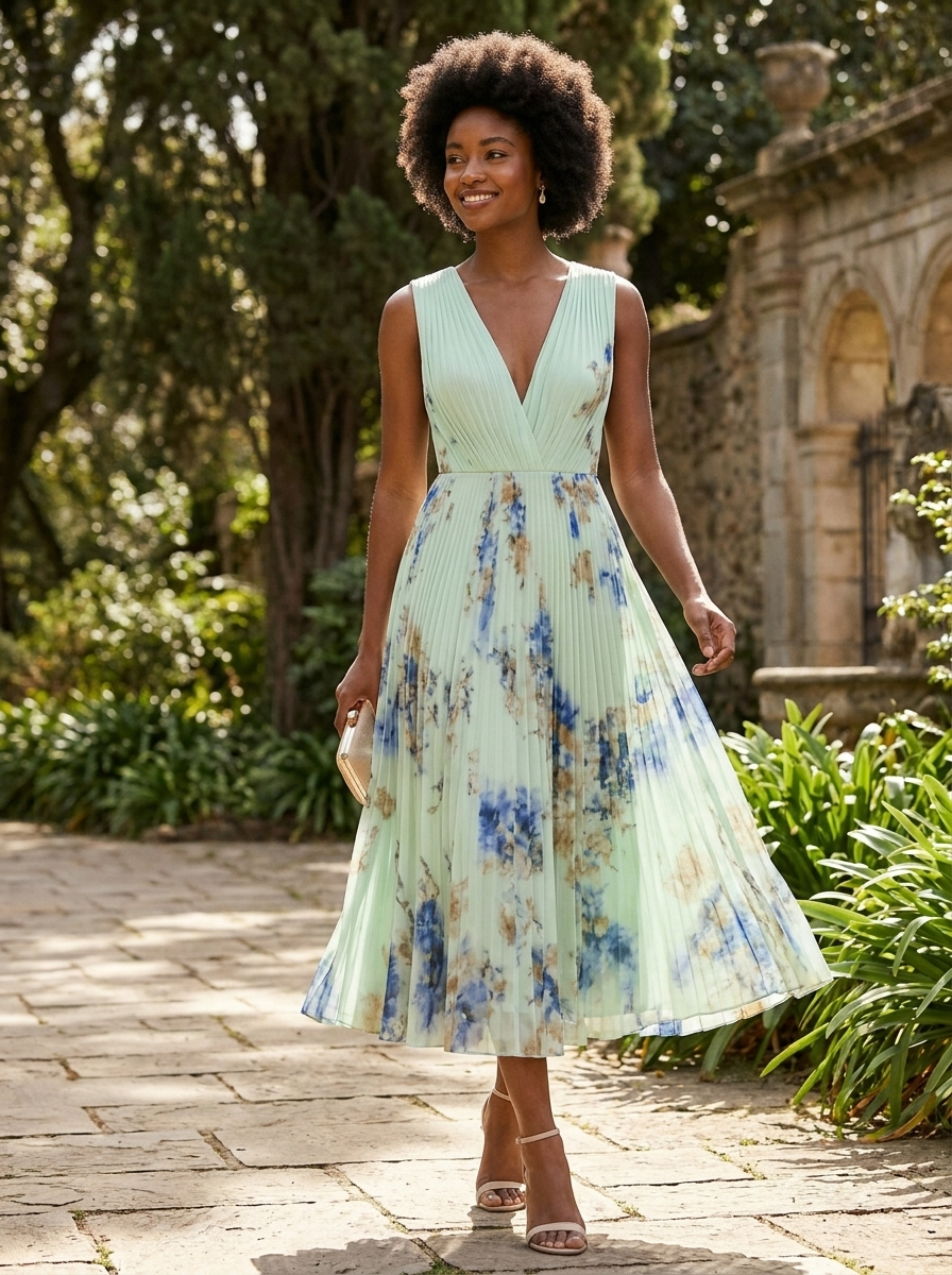 Damen Midikleid Plissee V-Ausschnitt – Pass-Bild