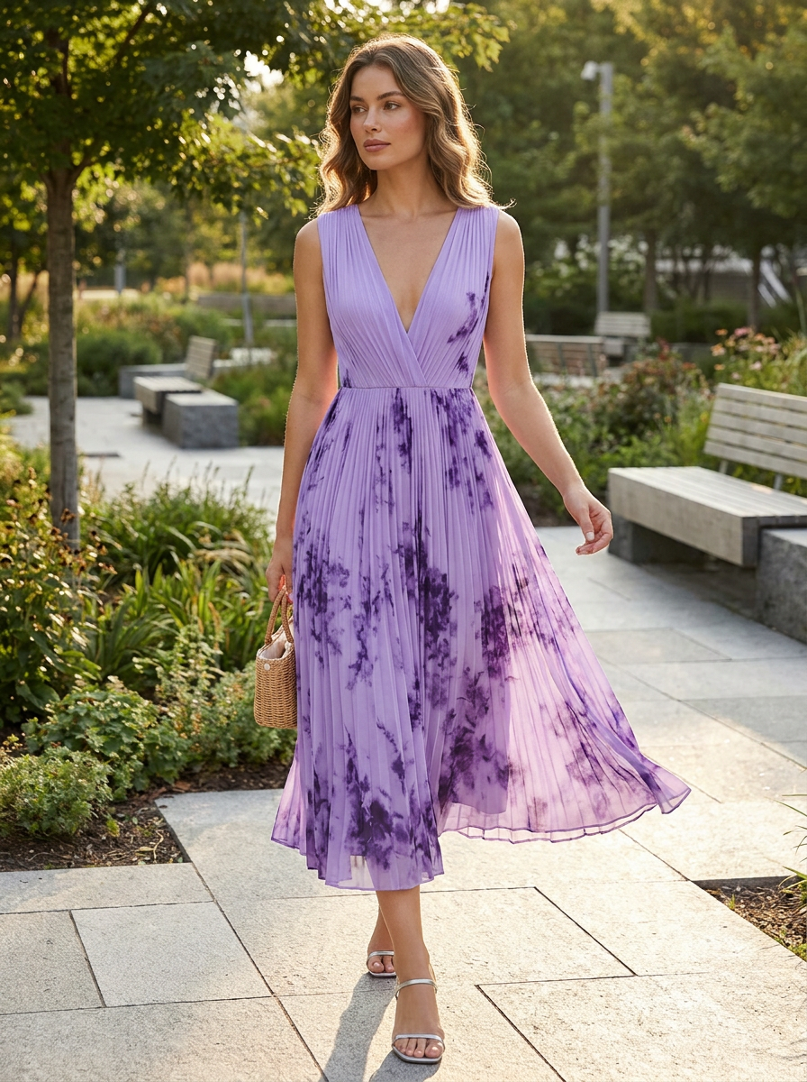 Damen Midikleid Plissee V-Ausschnitt – Side-Profile
