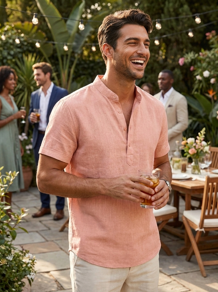 Herren Leinenhemd Henley Kurzarm Stand-Collar – Sicht von oben