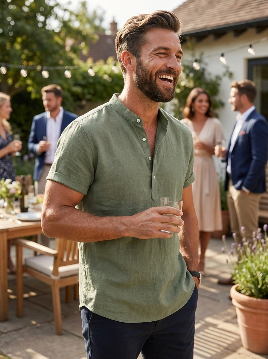 Herren Leinenhemd Apricot Henley – Color-Detail