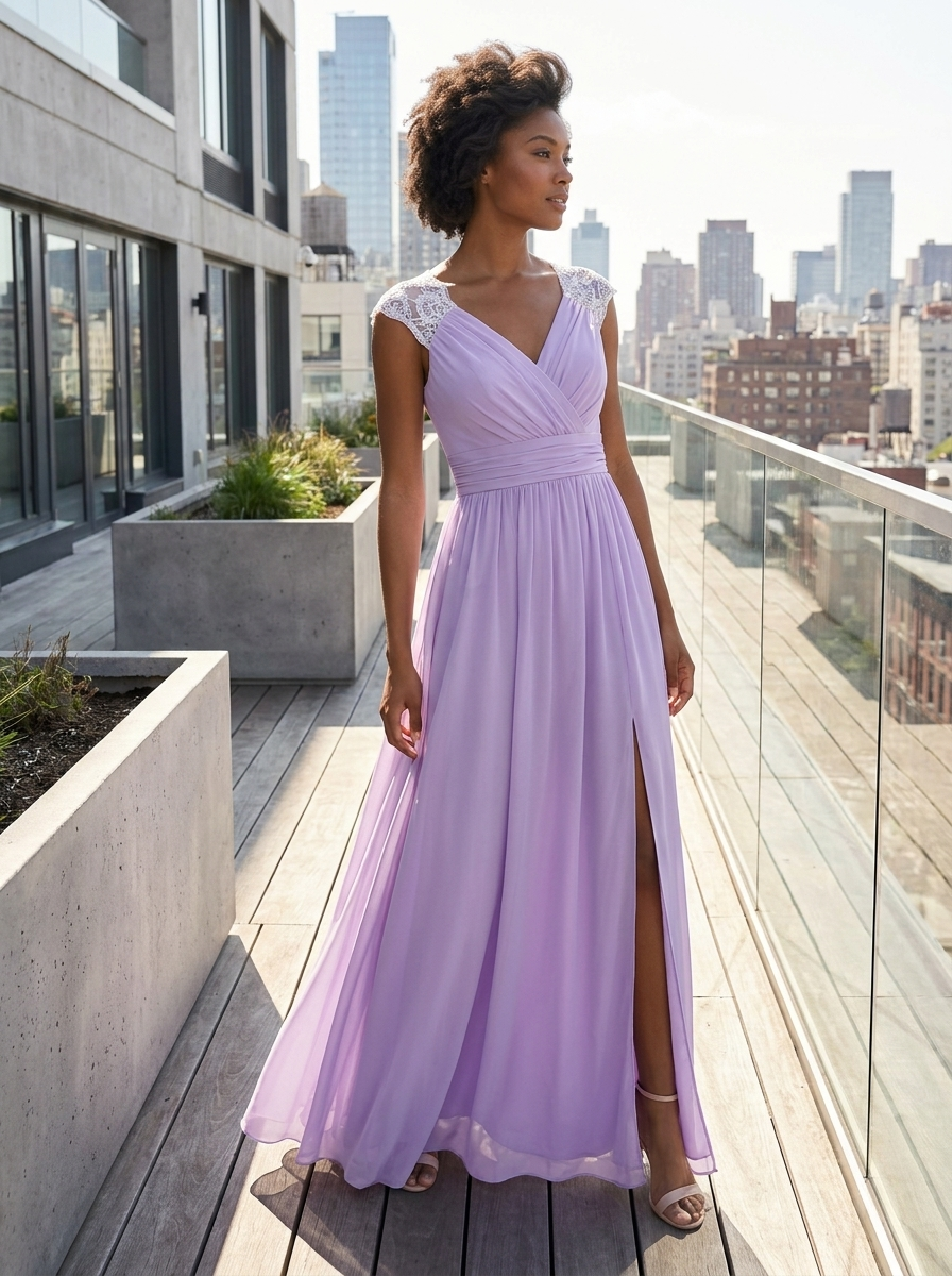 Damen Abendkleid V-Ausschnitt Langarm Maxi – Stoff-Detail