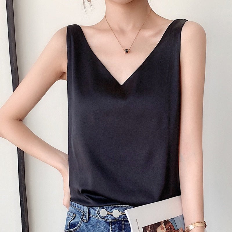 Damen Satin-Top Tank V-Ausschnitt – Stoff-Detail