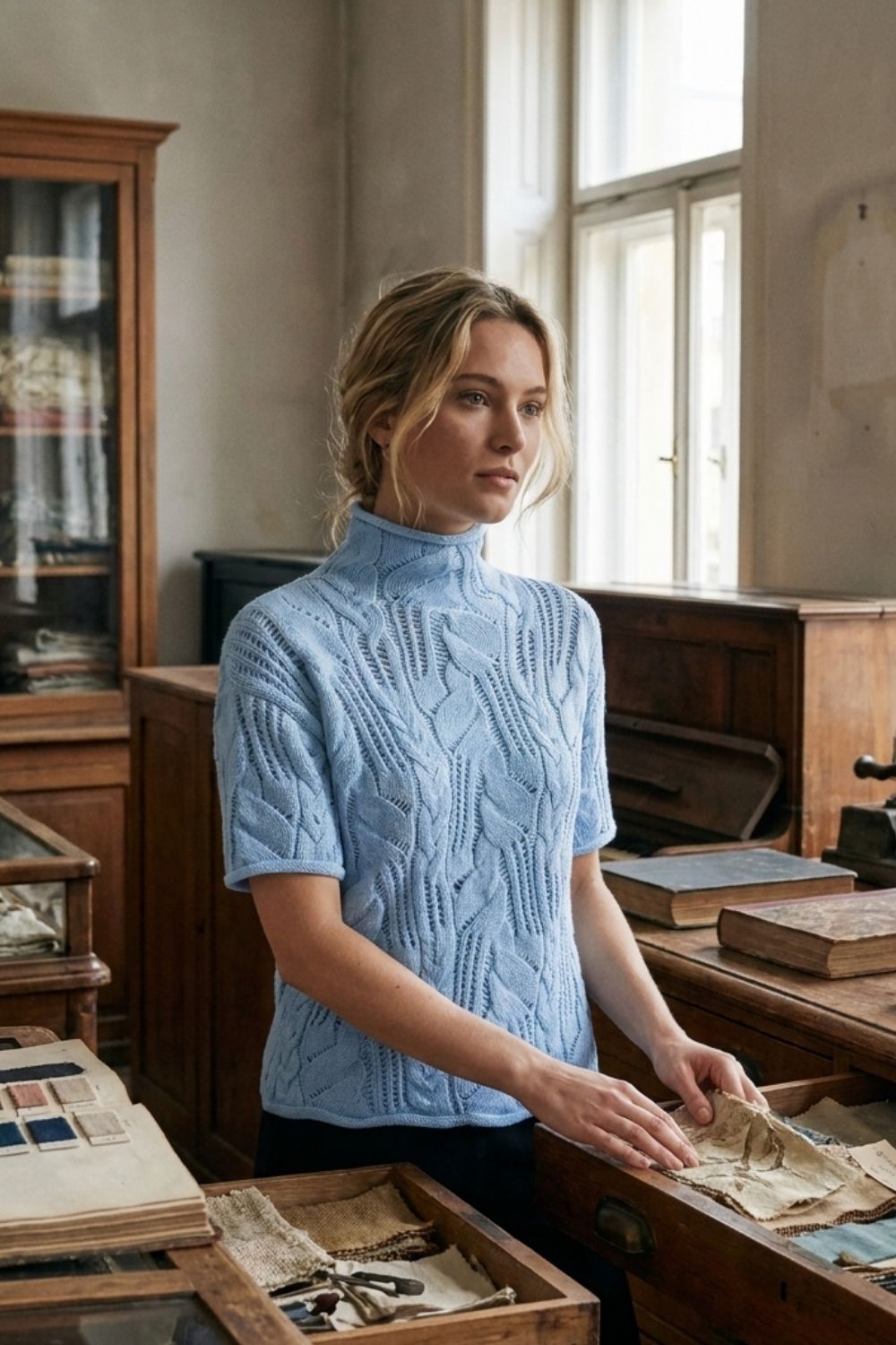 Damen Zopfmuster-Pullover | Kurzarm