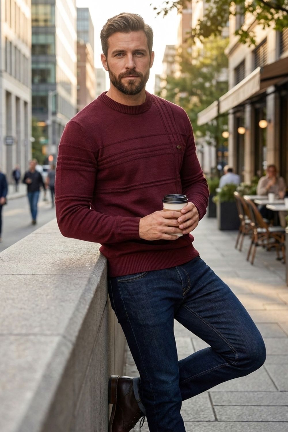 Herren Gestreifter Rundhalspullover | Gerippte Details
