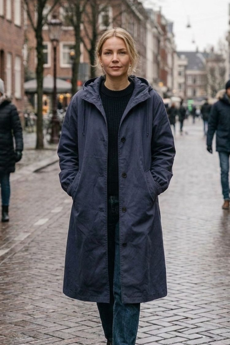Damen Langer Kapuzen-Regenmantel | Geknöpfte Vorderseite