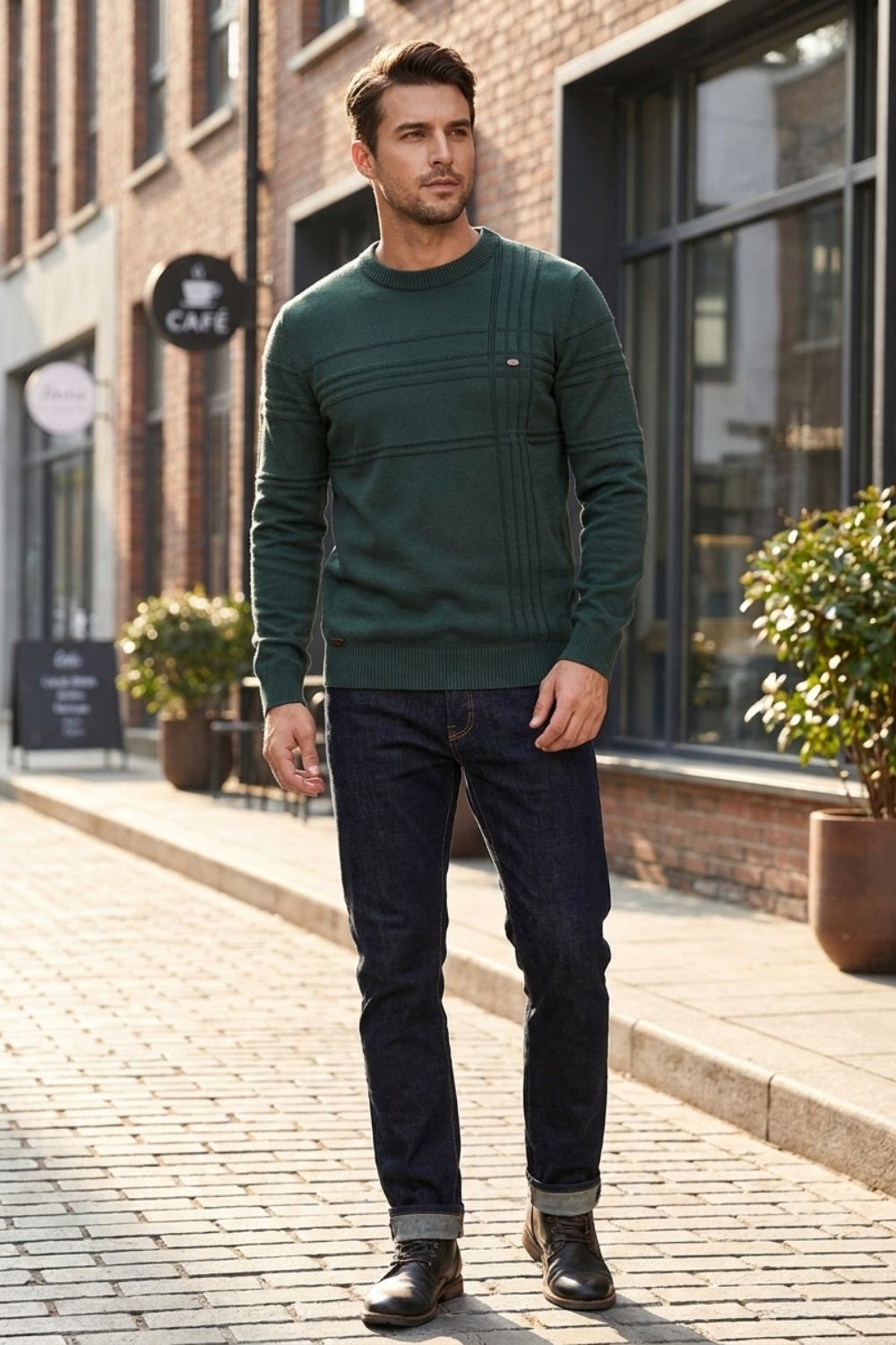 Herren Gestreifter Rundhalspullover | Gerippte Details