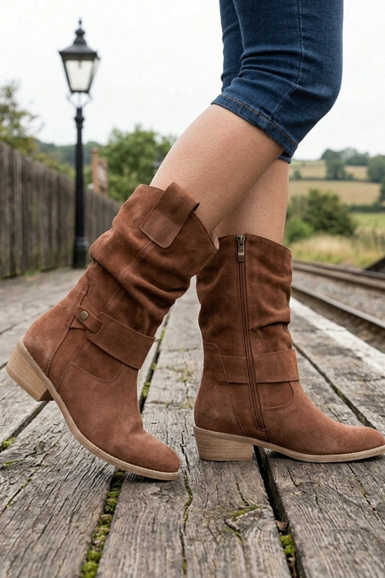 Damen Stiefel in Wadenhöhe | Schnallenriemen & Niedriger Absatz
