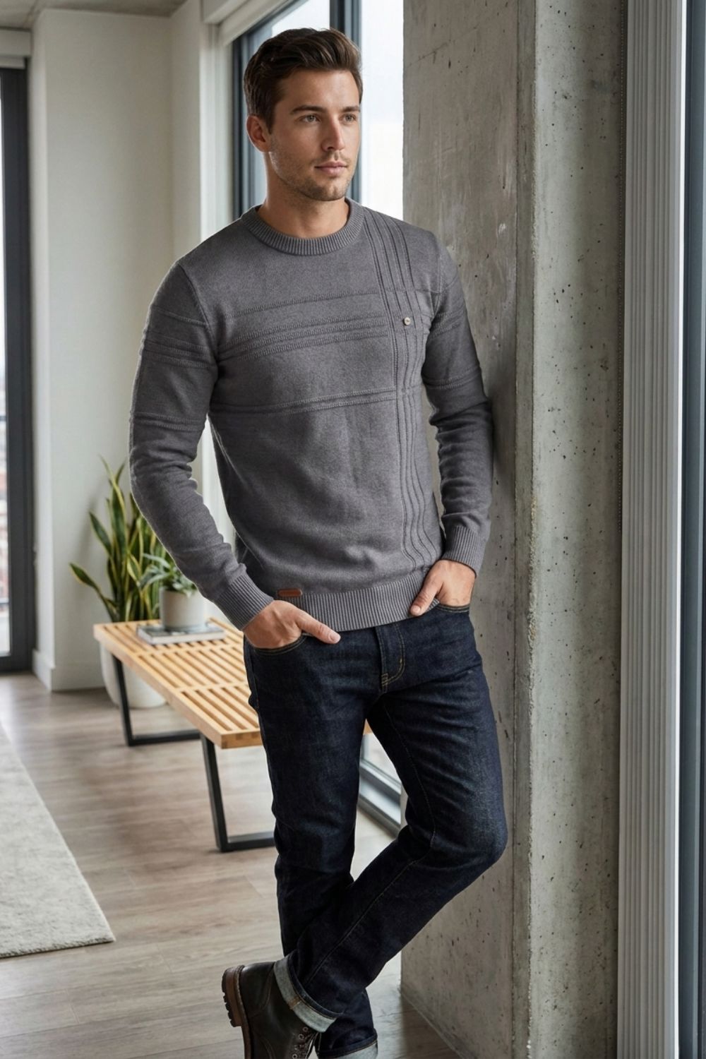 Herren Gestreifter Rundhalspullover | Gerippte Details