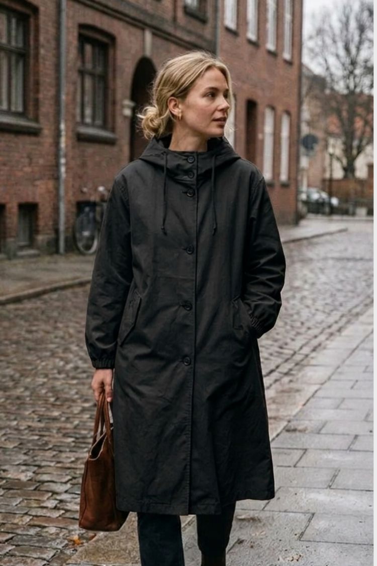 Damen Langer Kapuzen-Regenmantel | Geknöpfte Vorderseite