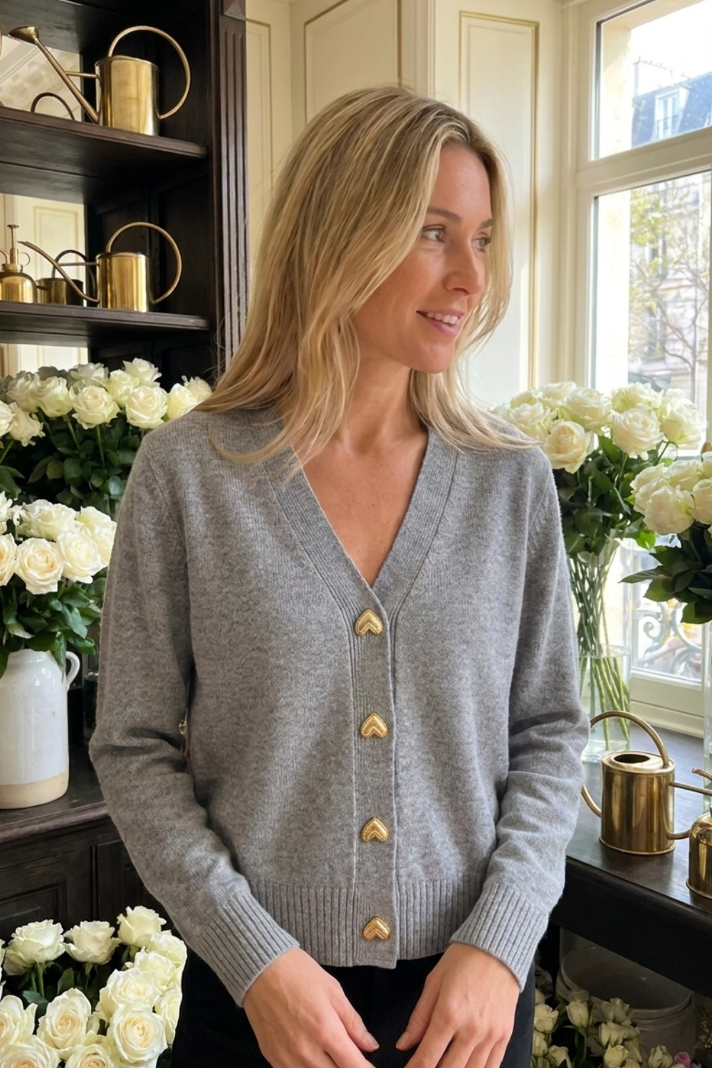Damen Knopf-Cardigan | V-Ausschnitt & Goldfarbene Knöpfe
