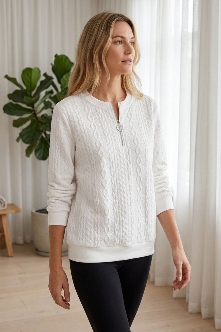 Damen Zipp-Pullover | Zopfmuster & Kurzer Reißverschluss
