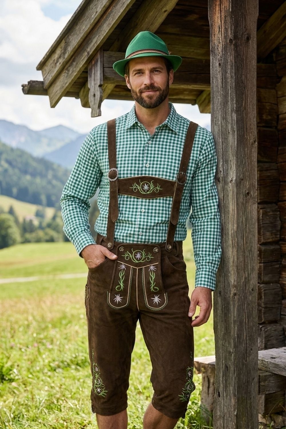 Herren Trachtenset mit Stickdetails | Kariertes Hemd