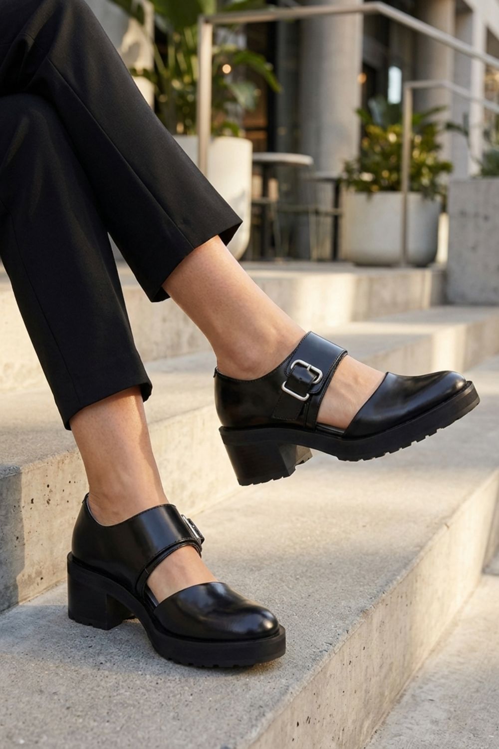 Damen Plateau Loafer Schwarz Doppel-Schnalle – Sicht von oben