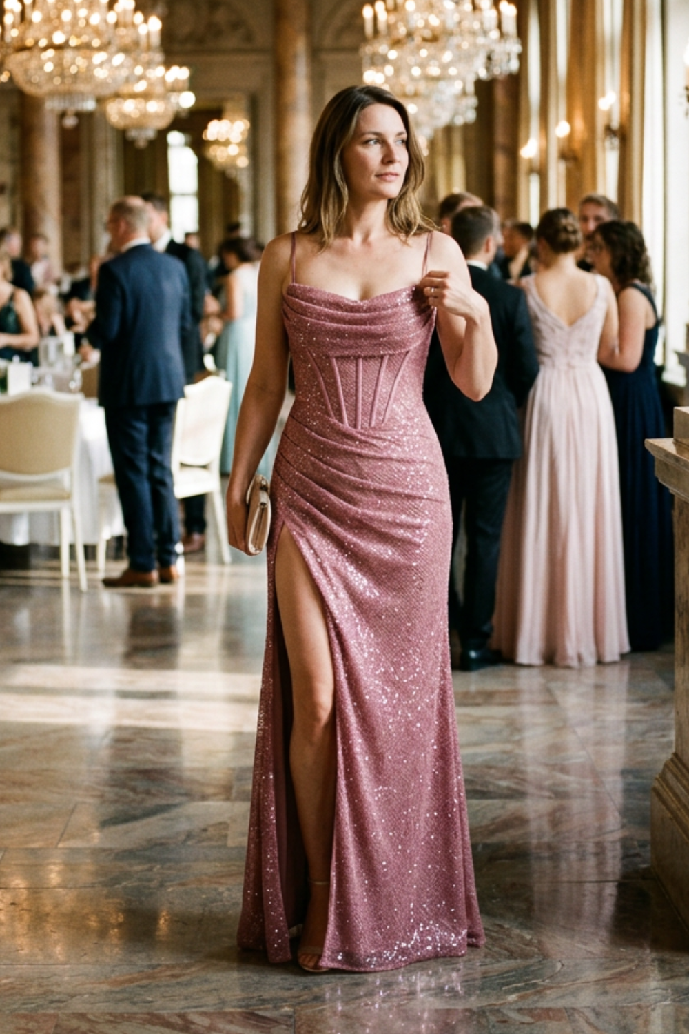 Glitzer Maxikleid Damen – Figurbetontes Kleid mit Spaghettiträgern
