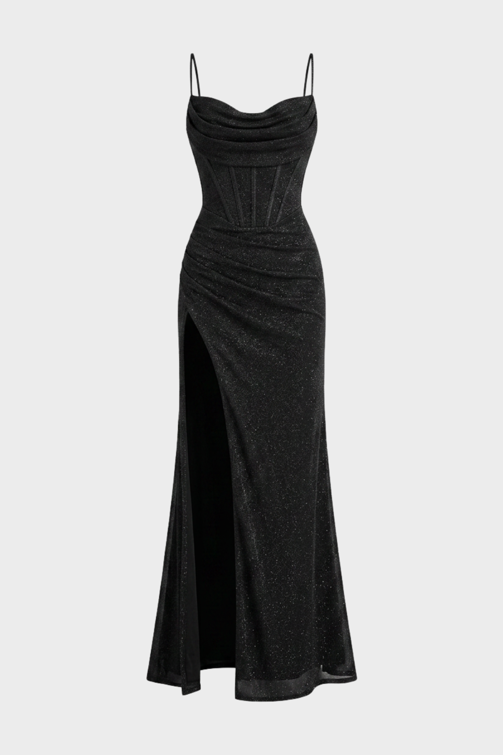 Glitzer Maxikleid Damen – Figurbetontes Kleid mit Spaghettiträgern