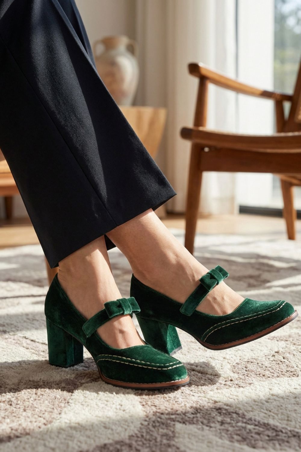 Damen Mary Jane Pumps Samt Schleife – Rückansicht