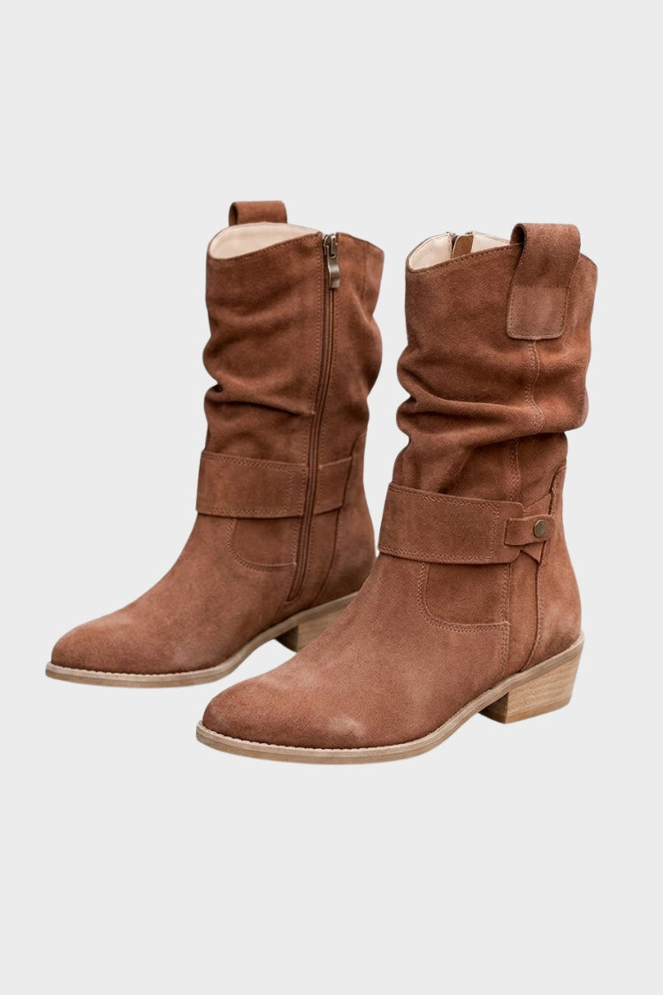 Damen Stiefel in Wadenhöhe | Schnallenriemen & Niedriger Absatz