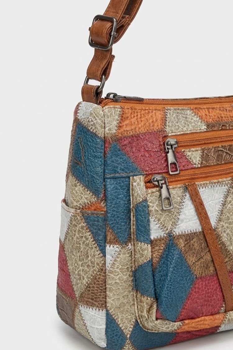 Damen Patchwork-Schultertasche | Verstellbarer Riemen & Reißverschlusstaschen