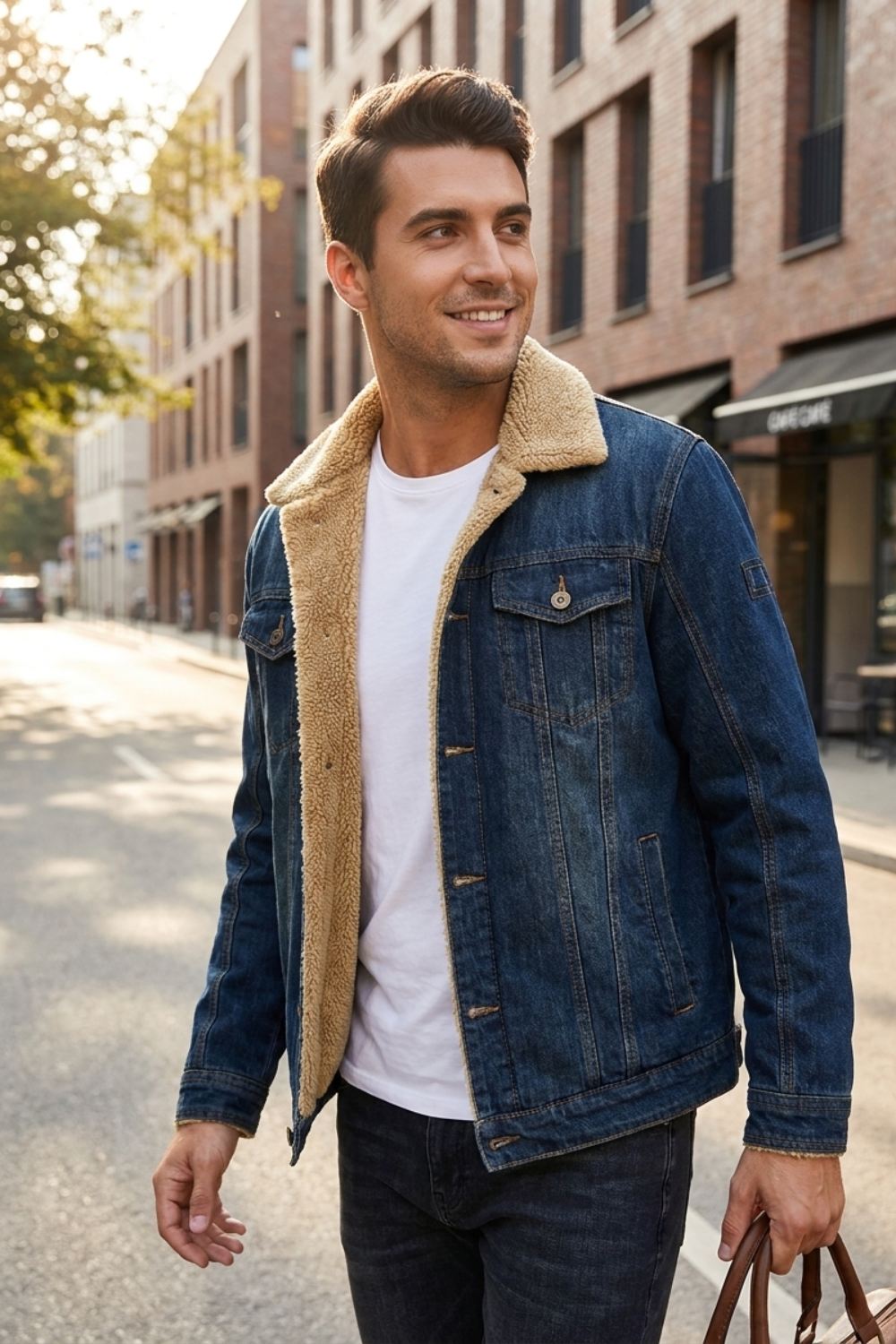 Herren Jeansjacke Fellkragen Knopfleiste – Sicht von oben