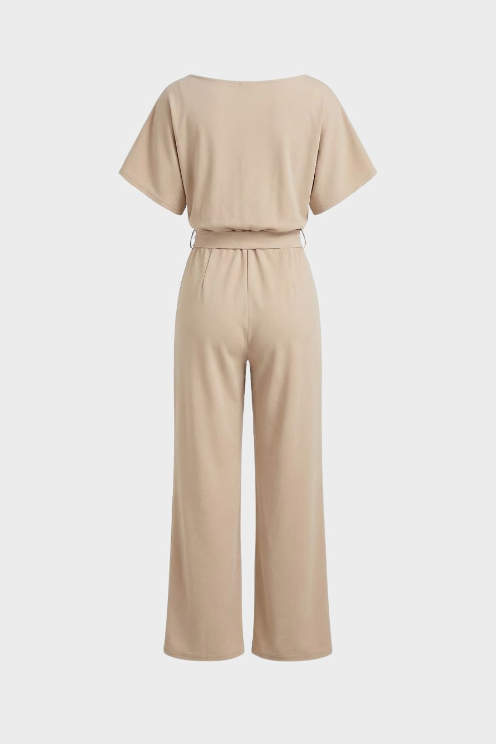Damen Jumpsuit Lang Bindegürtel Kurzarm – Profil-Ansicht