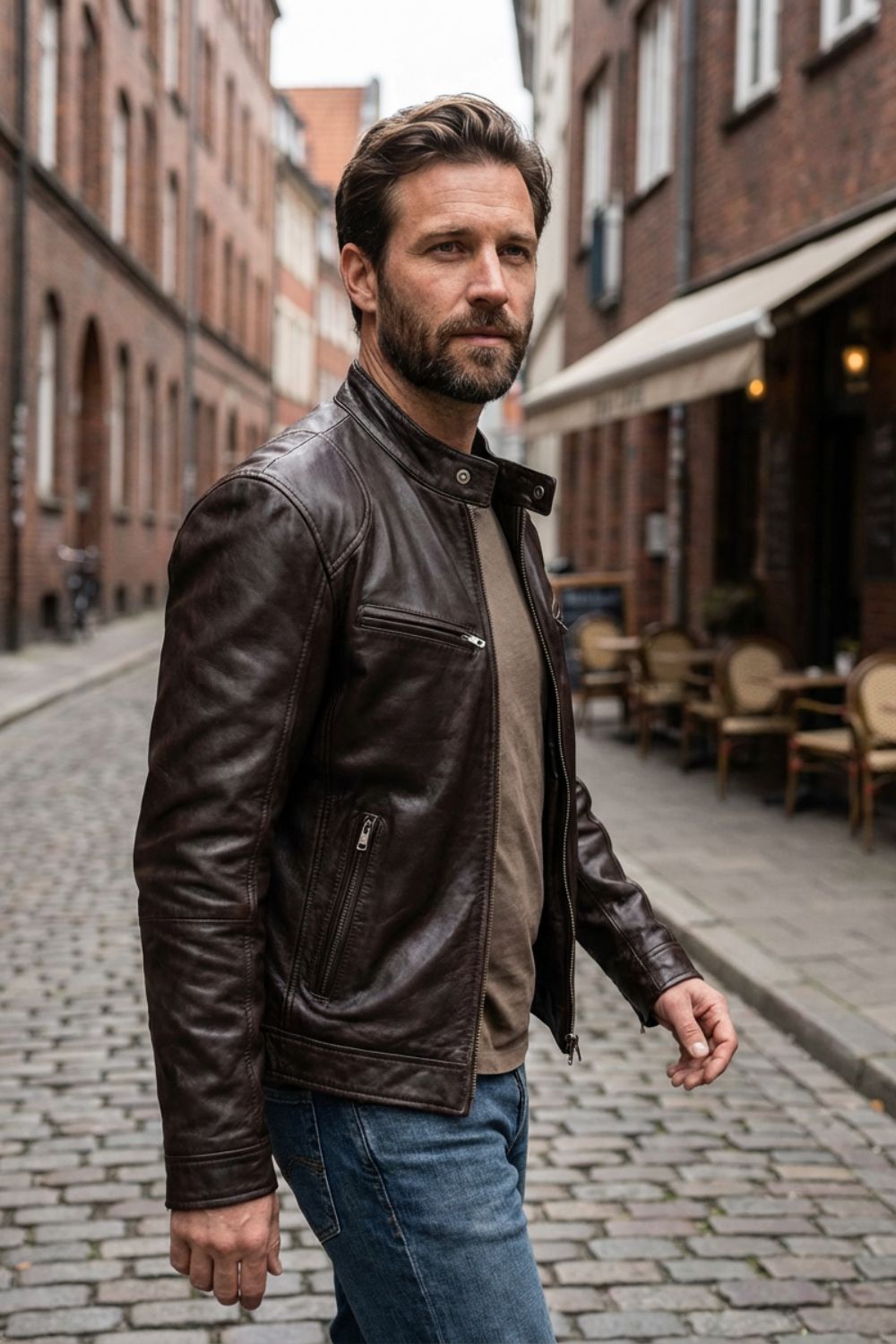 Herren Bikerjacke Leder Stehkragen – Sicht von oben