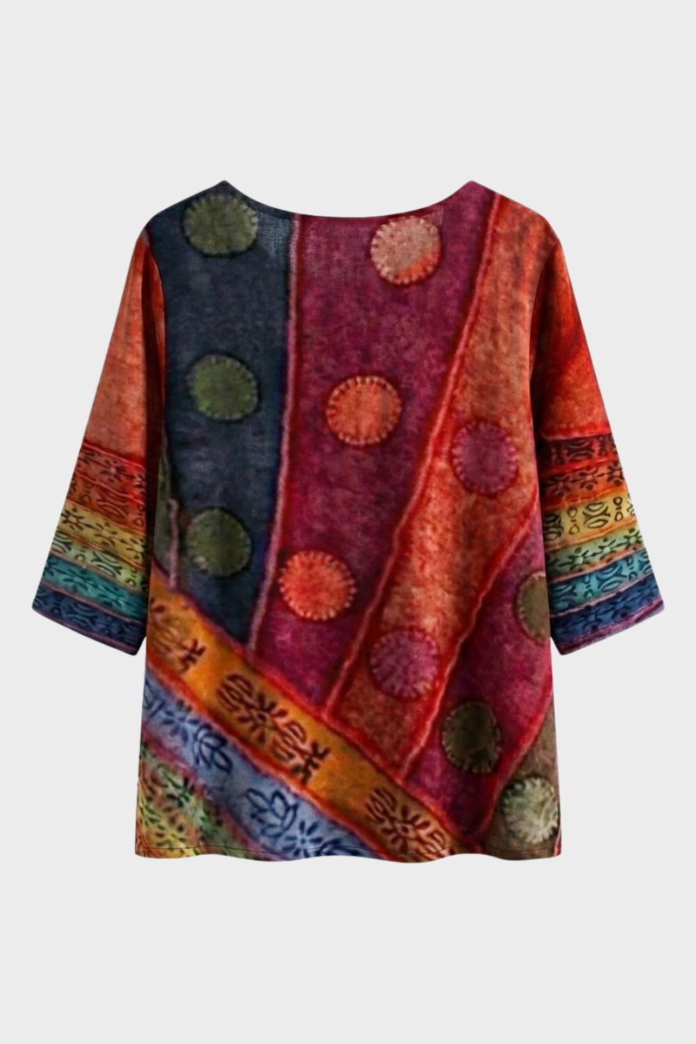 Damen Boho-Bluse Patchwork Rundhals – Profil-Ansicht