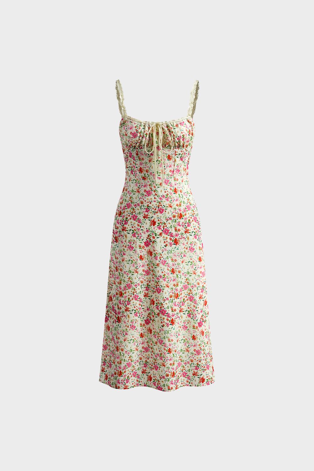 Damen Blumenkleid Midi Träger Bindeband – Hauptansicht
