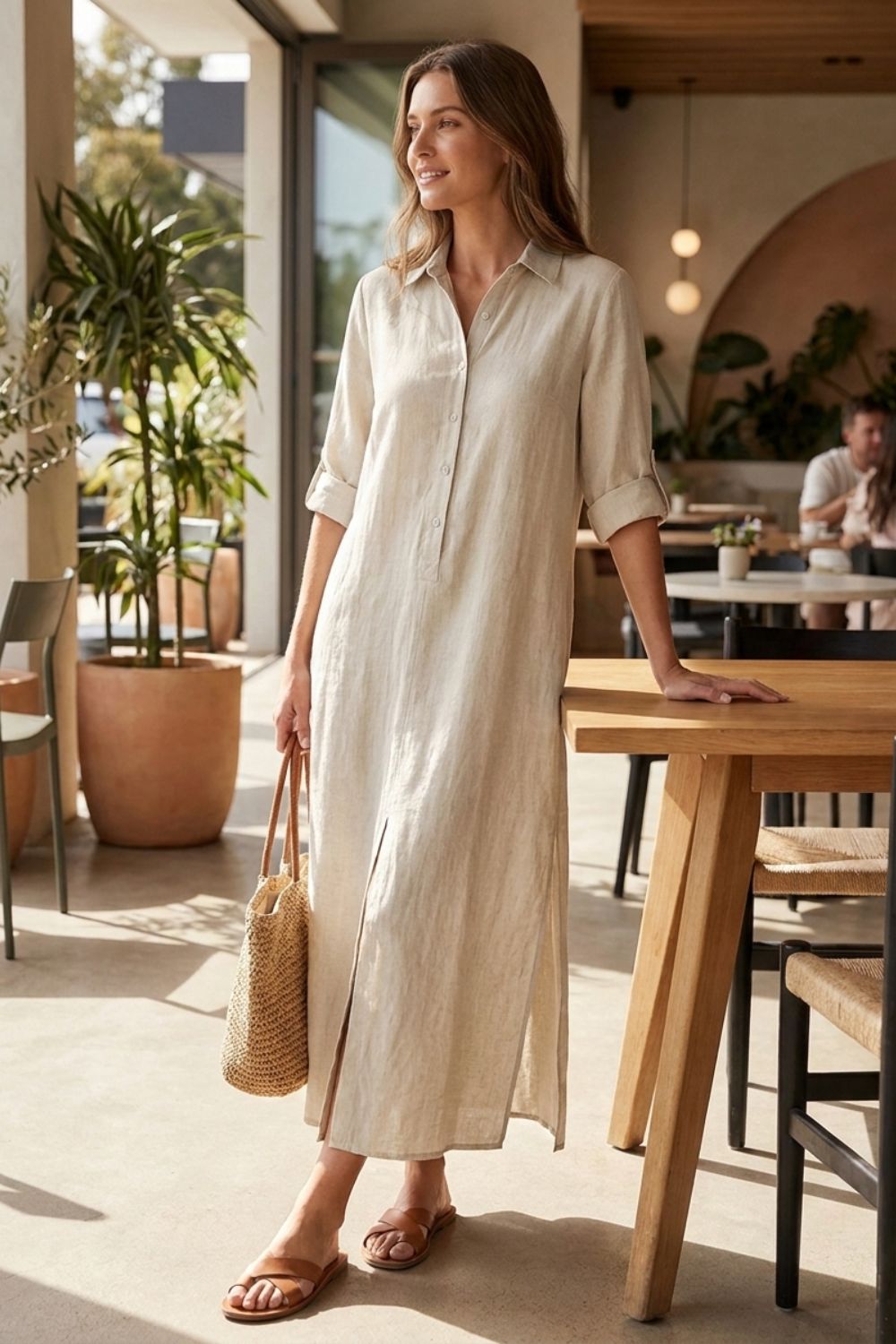 Damen Hemdblusenkleid Maxi Knopf-Front – Rückansicht