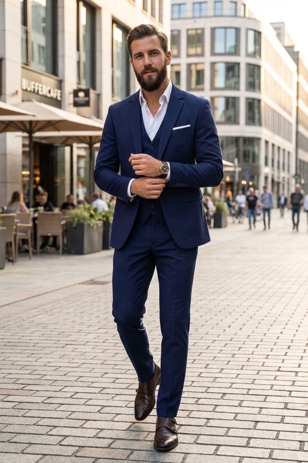 Herren Dreiteiler Notch-Revers V-Weste – Tragestil-Beispiel