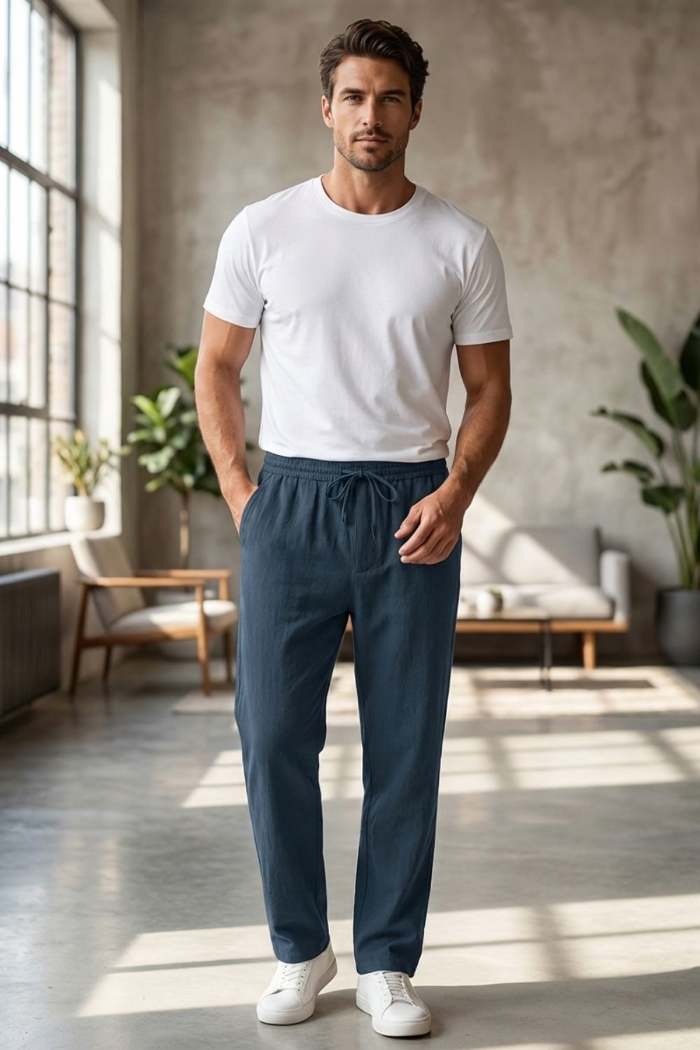 Herren Leinen-Hose Kordelzug – Tragestil-Beispiel
