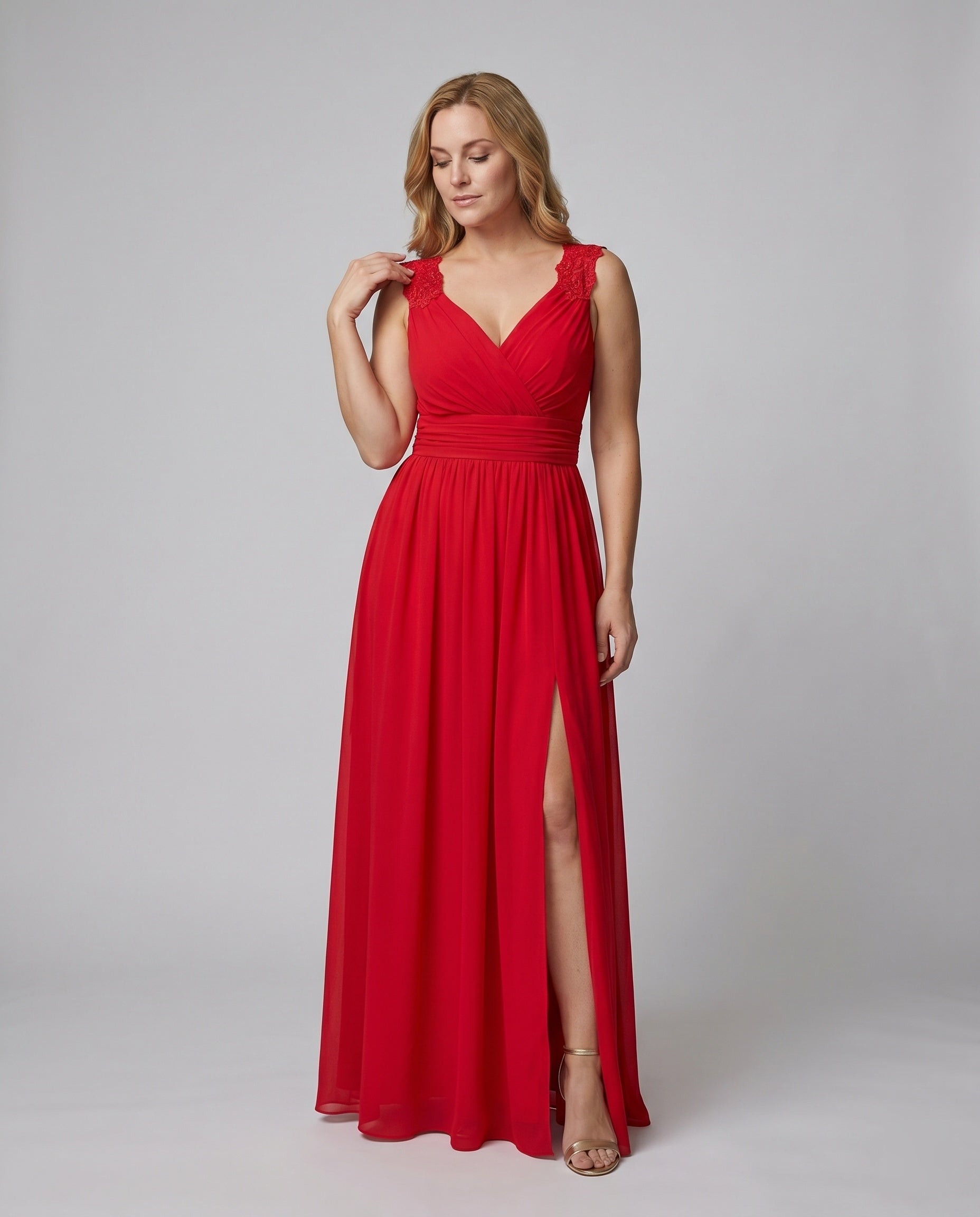 Damen Abendkleid V-Ausschnitt Langarm Maxi – Komfort-Ansicht