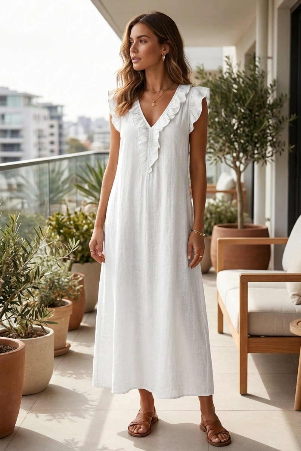 Damen Volant-Midikleid V-Neck – Tragestil-Beispiel