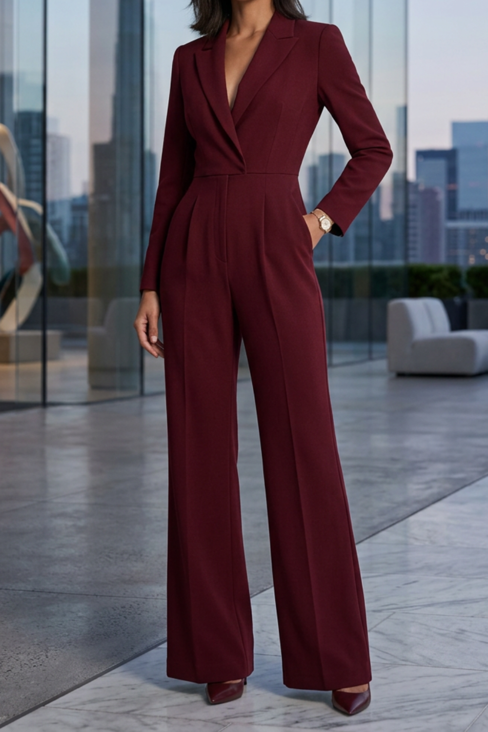 Damen Hosenanzug Jumpsuit mit V-Ausschnitt
