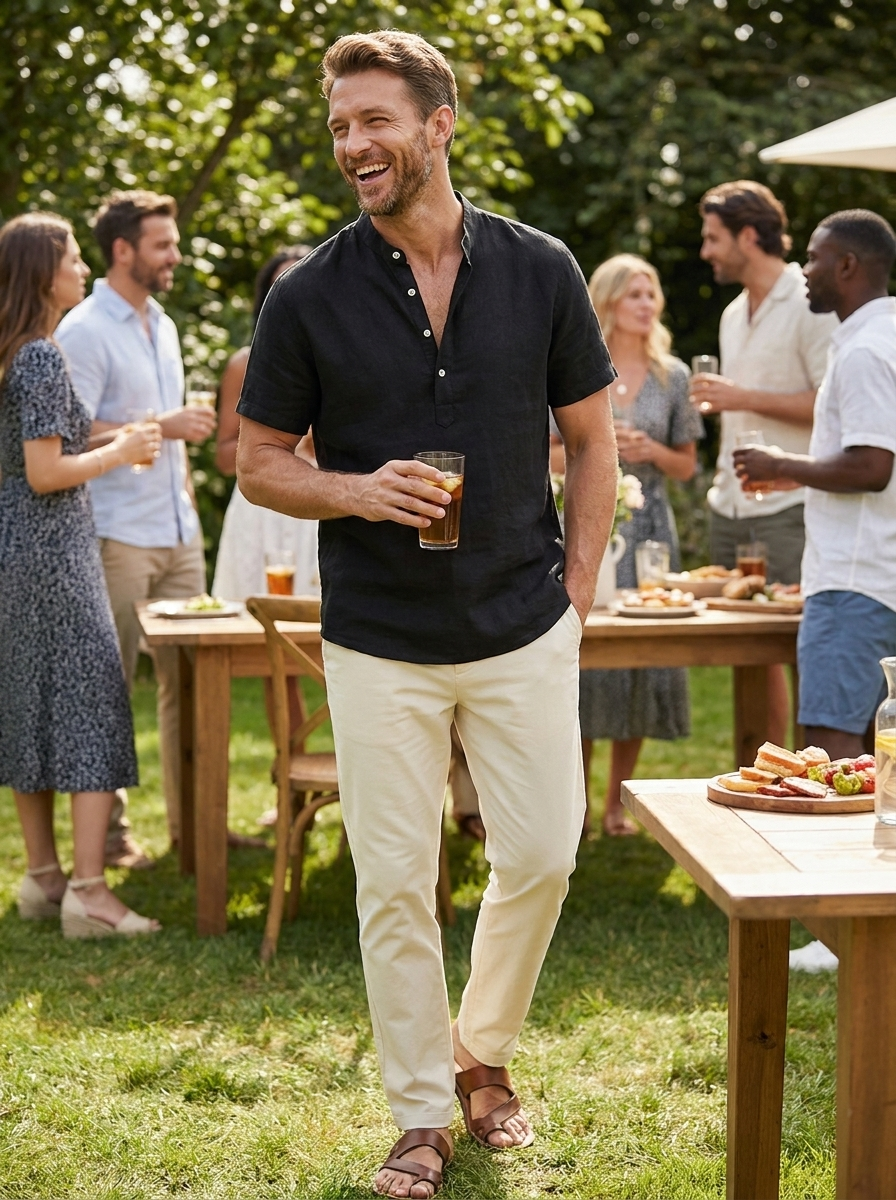 Herren Leinenhemd Henley Kurzarm Stand-Collar – Side-Profile