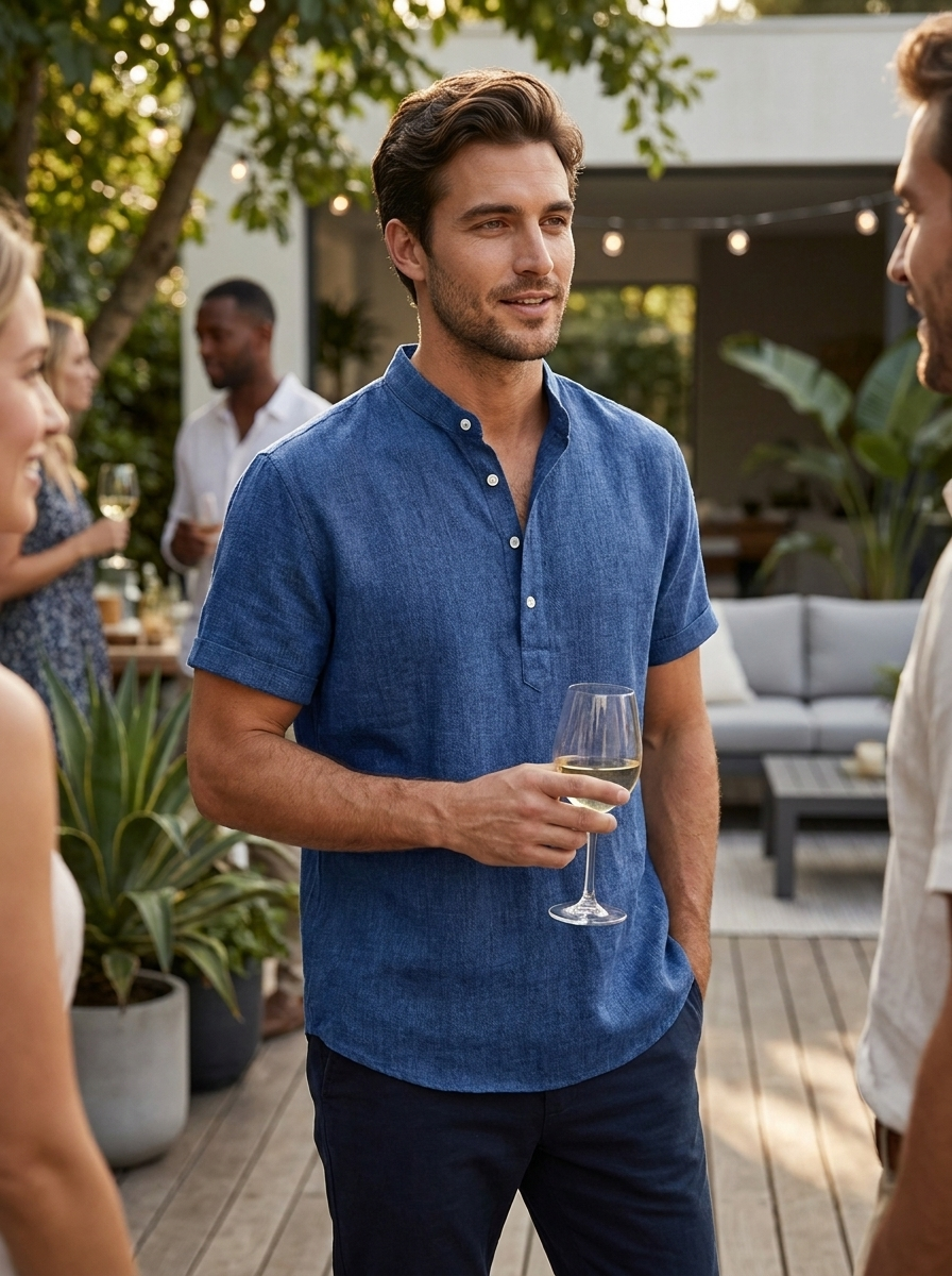Herren Leinenhemd Apricot Henley – Outfit-Look