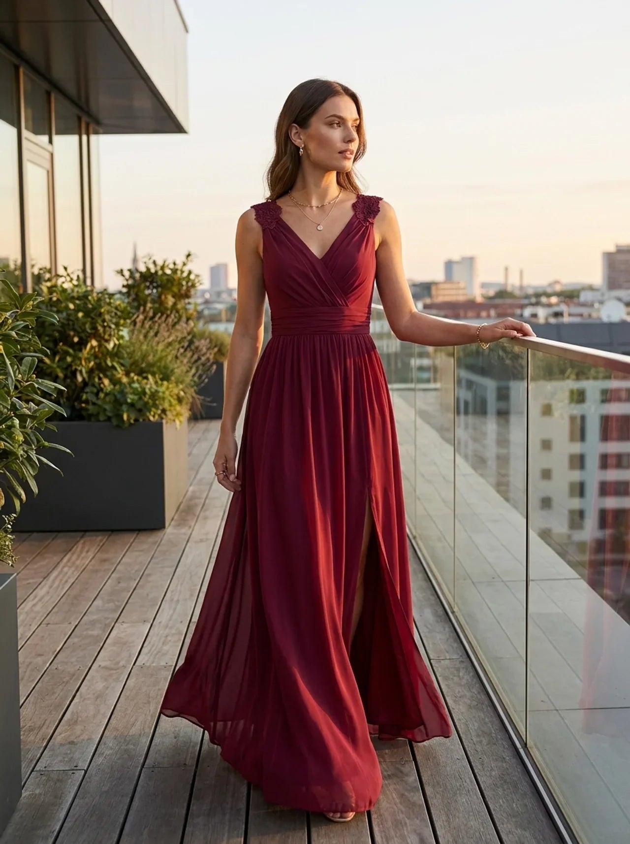 Damen Abendkleid V-Ausschnitt Langarm Maxi – Layering-Beispiel